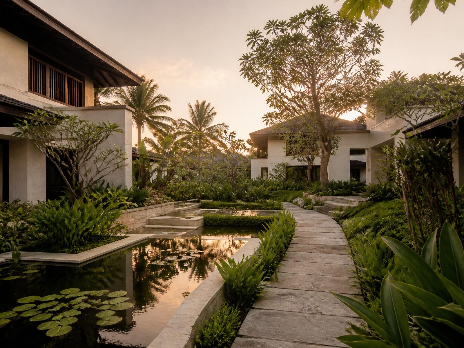 A residential setting integrated with gardens, water and shared walkways.