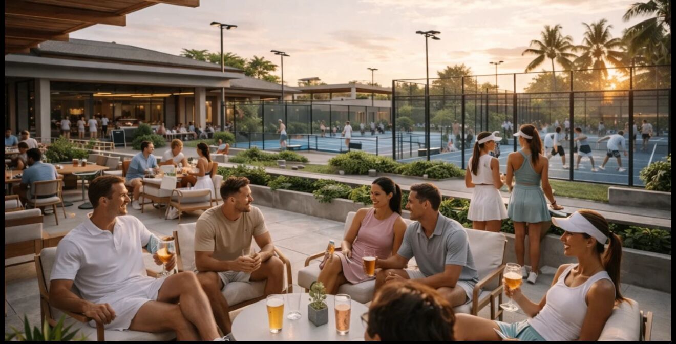 A resort terrace at dusk — nature, water and quiet architecture.
